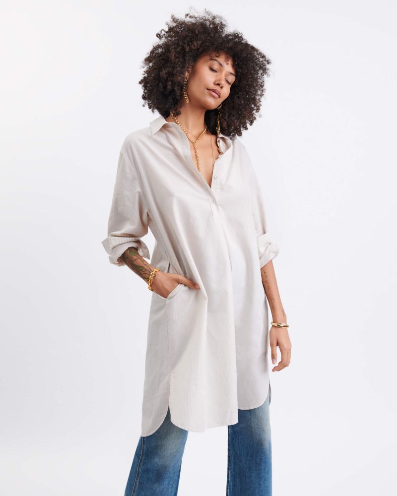 Essential Collar Shirt Dress - Beige and White Striped