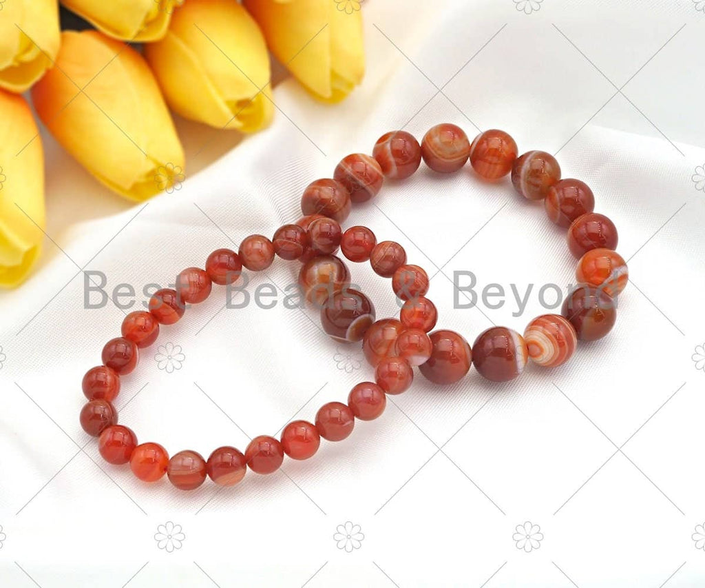 High Quality Natural Orange Red Banded Agate Stretchy Bracelet, 8mm/10mm/12mm Elastic Fit Round Smooth Bracelet, 7.5'' Bracelet, Sku#EF14