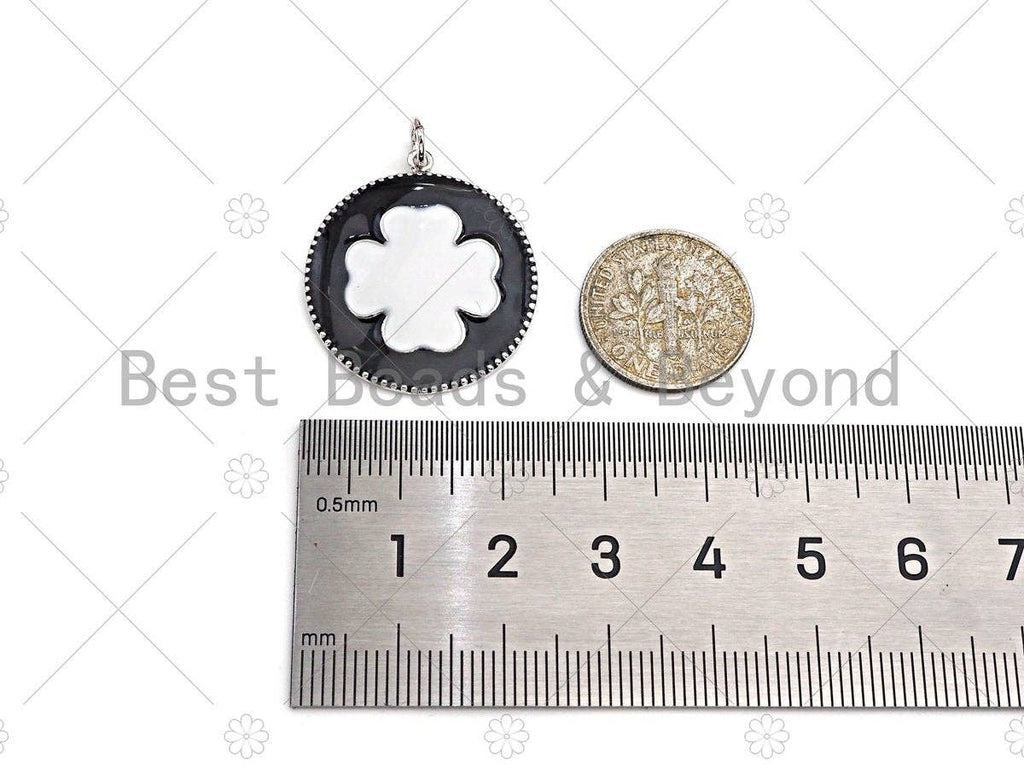 White Enamel Clover On Black Round Coin Pendant,CZ Micro Pave Enamel pendant,Enamel pendant,Enamel Jewelry,24x27mm,sku#Z1213