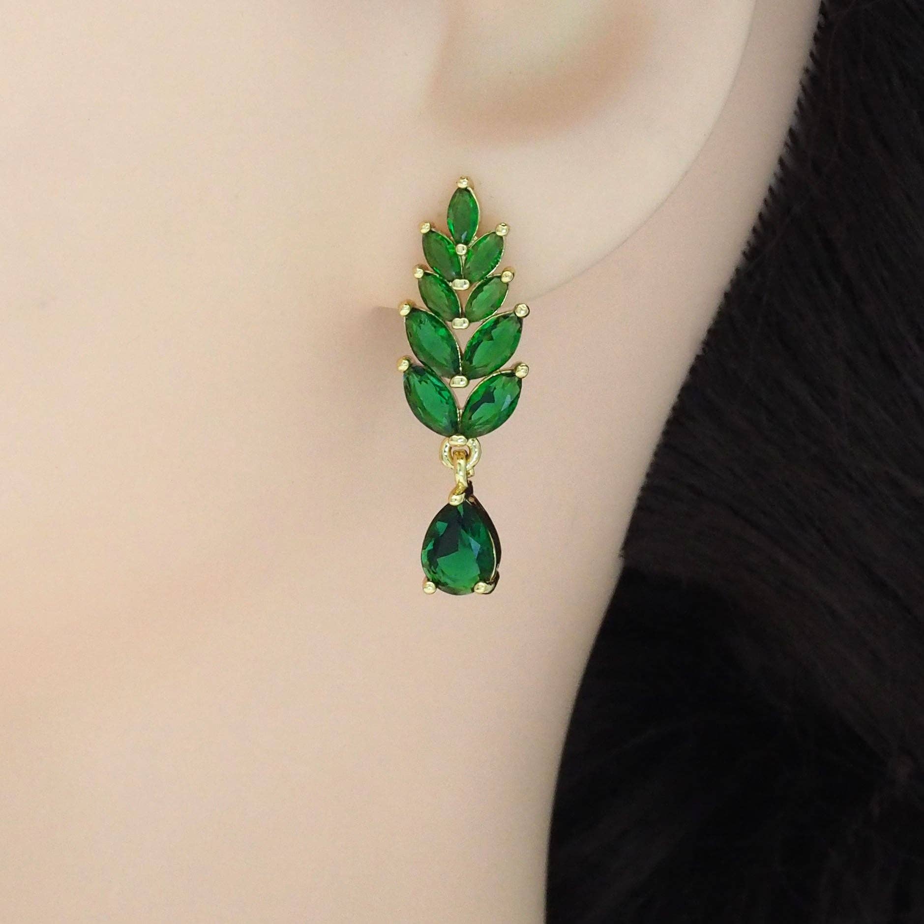 Clear Green CZ Gold Wheat Flower Drop Earrings, Sku#LD481
