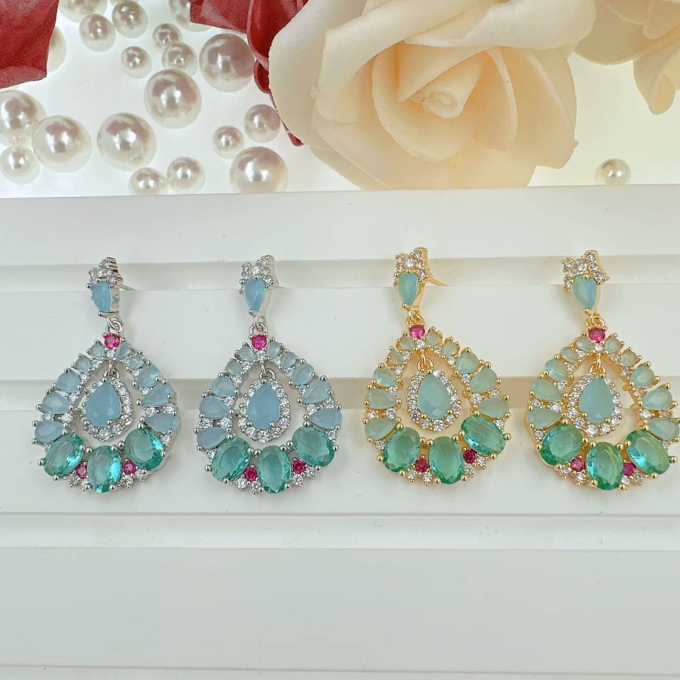Gold Silver blue Green Oval statement Earrings, Sku#Y921