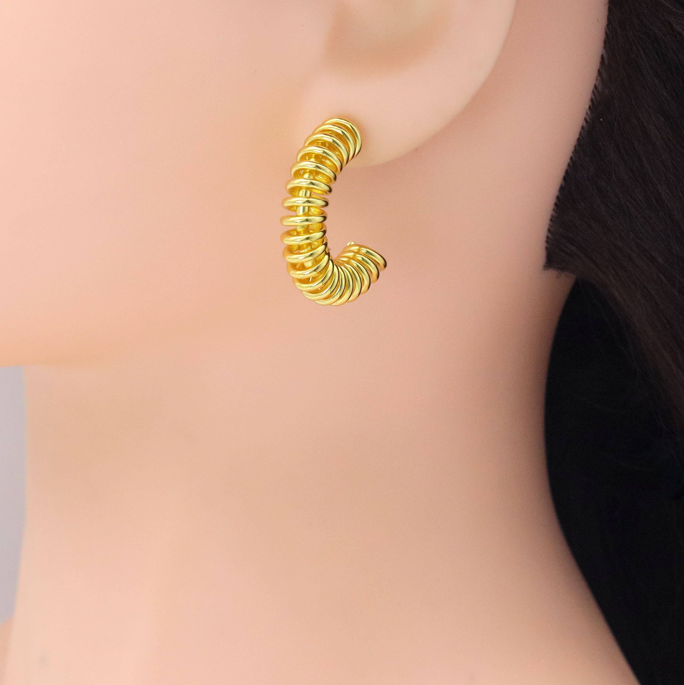 Gold Silver Swirl Spring Half Circle Earrings, Sku#A240