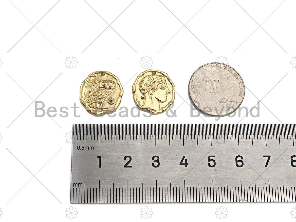 CZ Micro Pave Owl with Lady Head on the other Side Coin Shape Pendant,14K Gold Medallion Charm,Necklace Bracelet Charm,16x18mm,Sku#ZX02