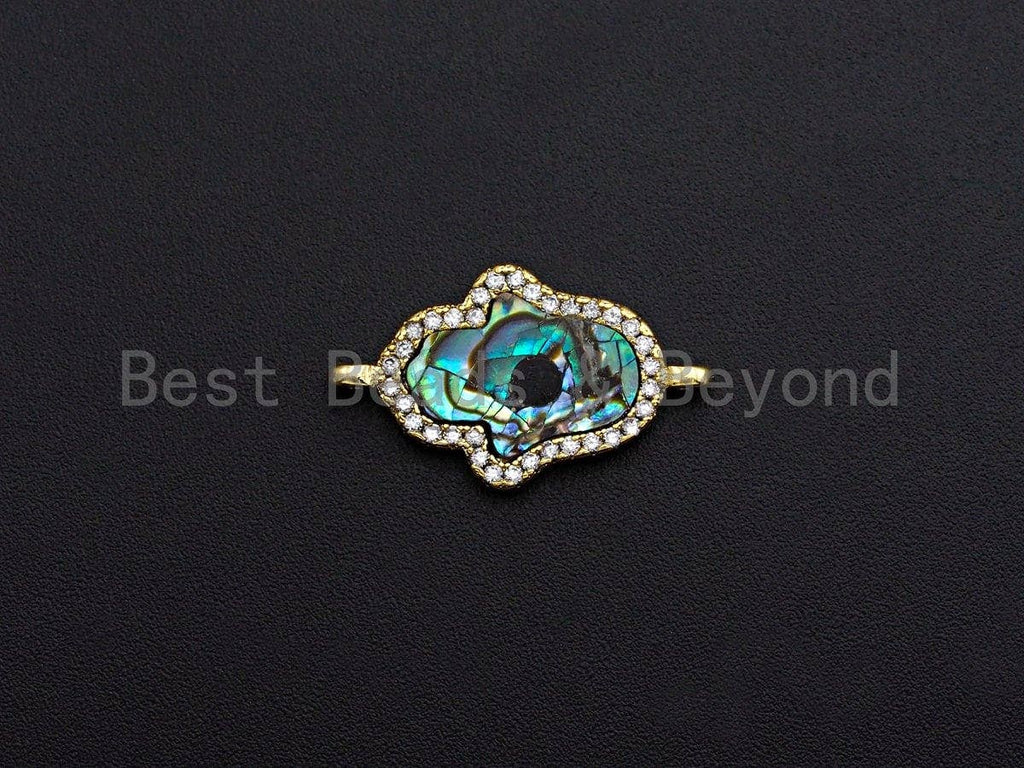 CZ Micro Pave Abalone Shell Hamsa Hand Connector, Cubic Zirconia Space Connector, Abalone Stone Charm, 14x23mm,SKU#Z936