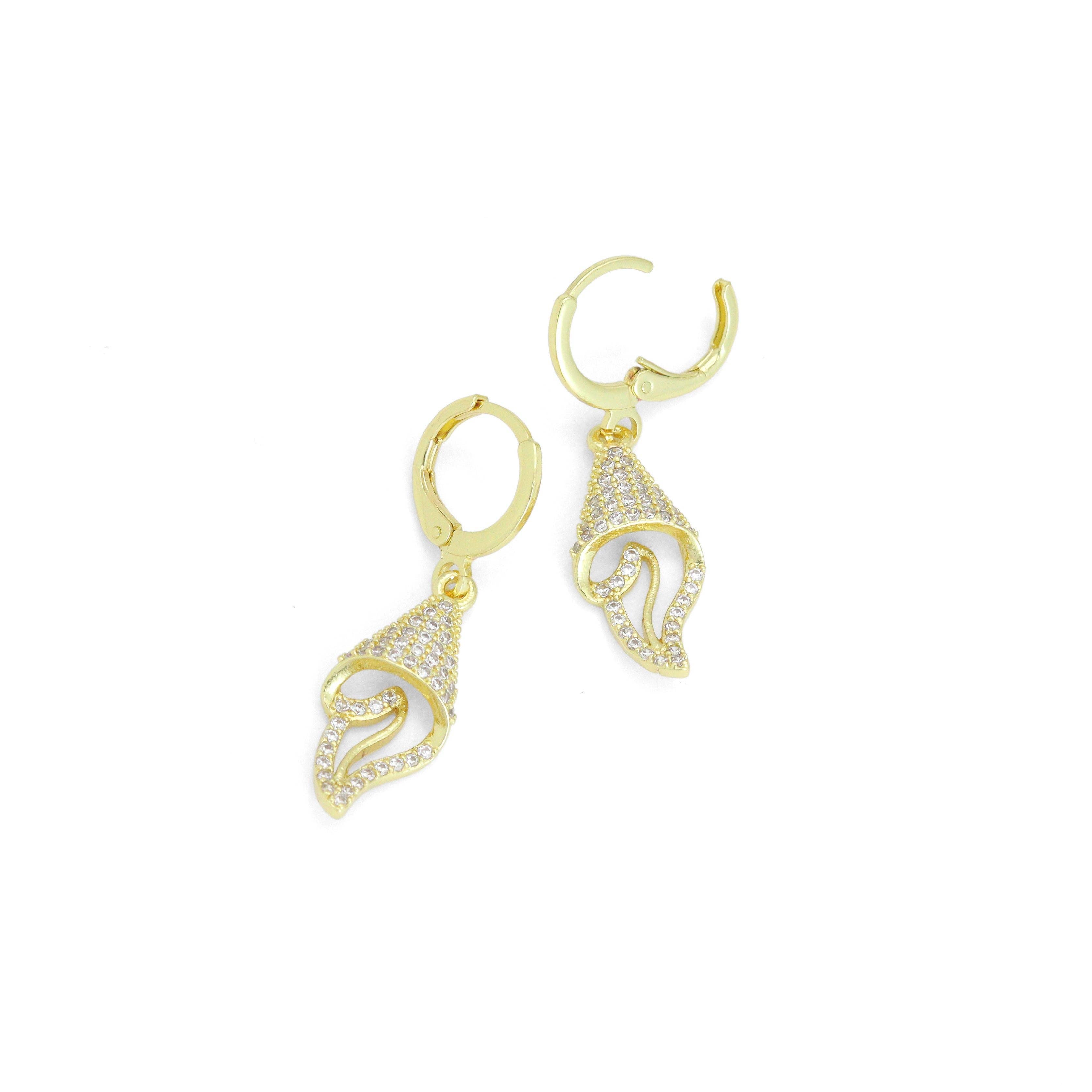 Clear CZ Shell Flower Snail Dangle Earrings, Sku#A463
