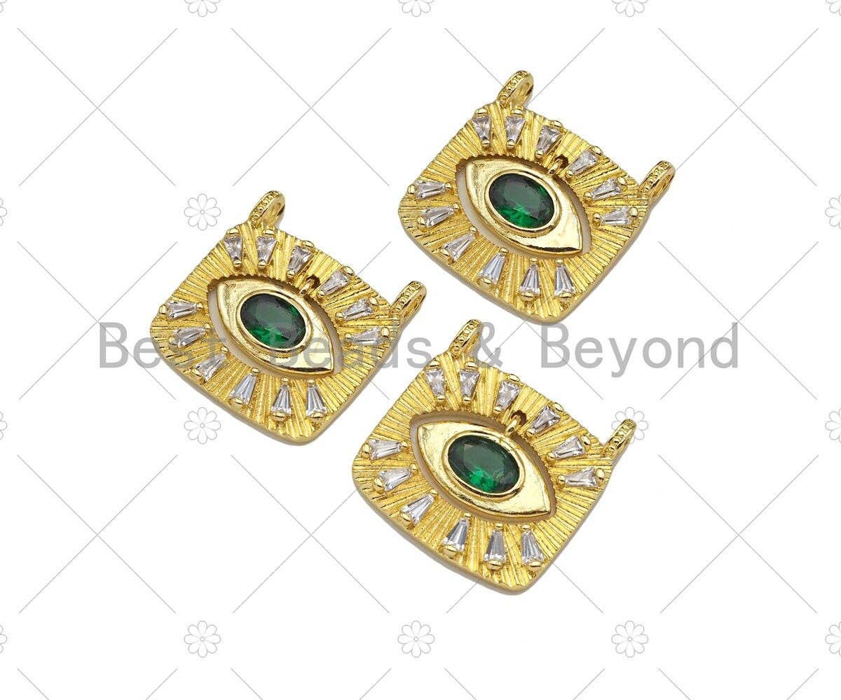 CZ Micro Pave Green Evil Eye On Square Shape Pendant,18K Gold Filled Evil Eye Charm, Necklace Bracelet Charm Pendant,21x21mm,Sku#Z1341