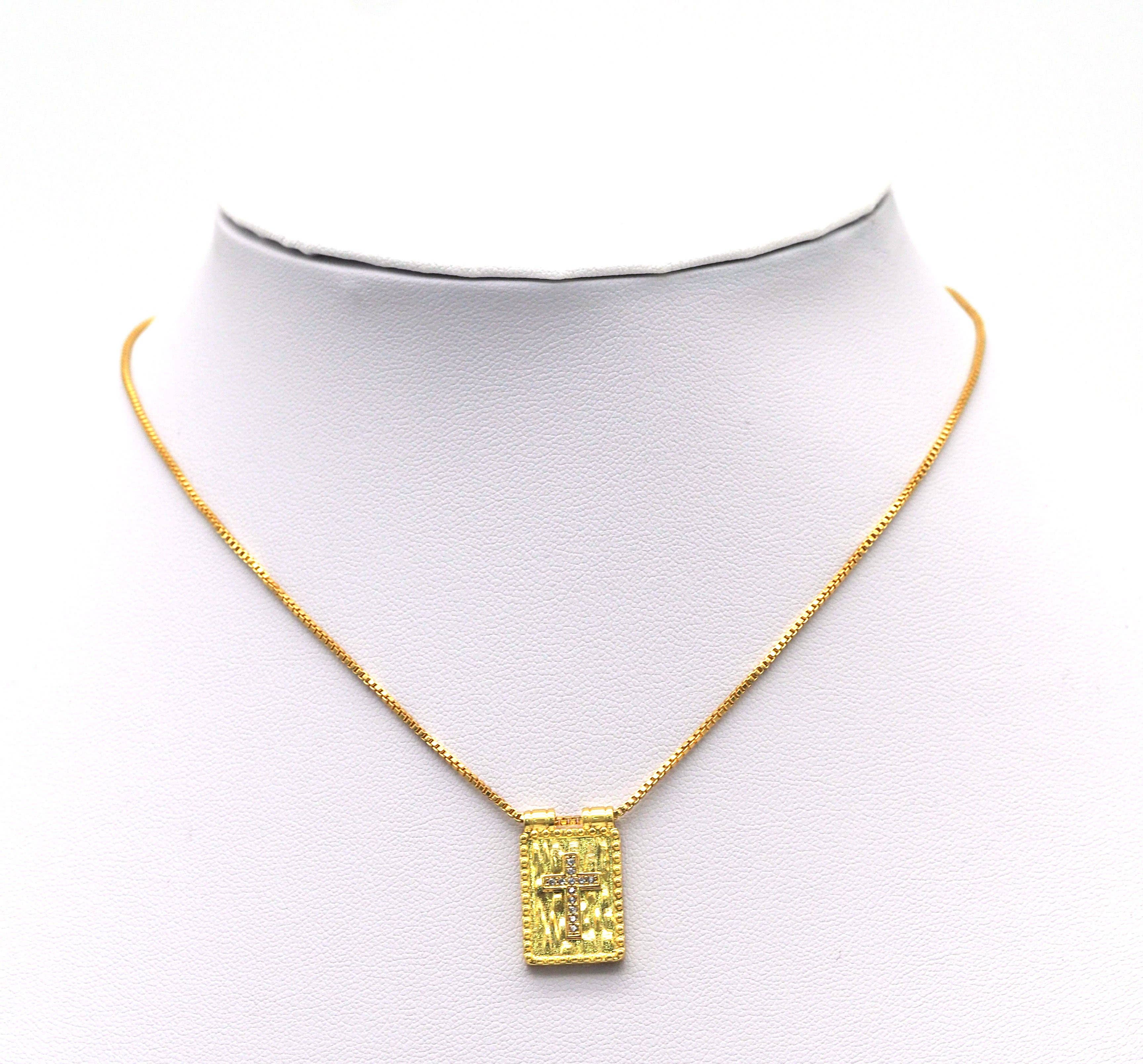 CZ North Star Cresent Moon Evil Eye Cross On Rectangle Charm, Sku#Y685
