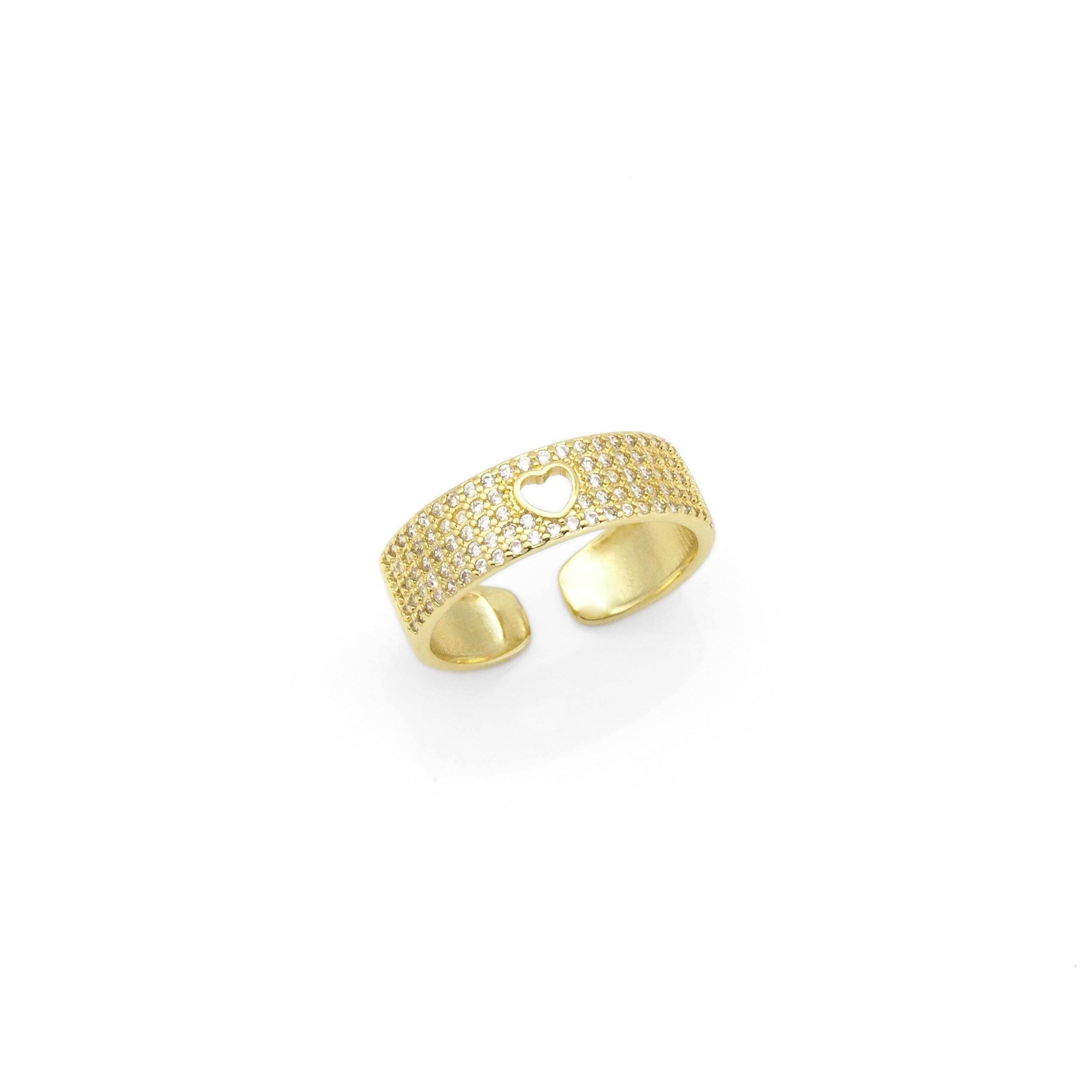 Gold Clear CZ Thin Band with Hollow out Heart Adjustable Ring, Sku#Y815