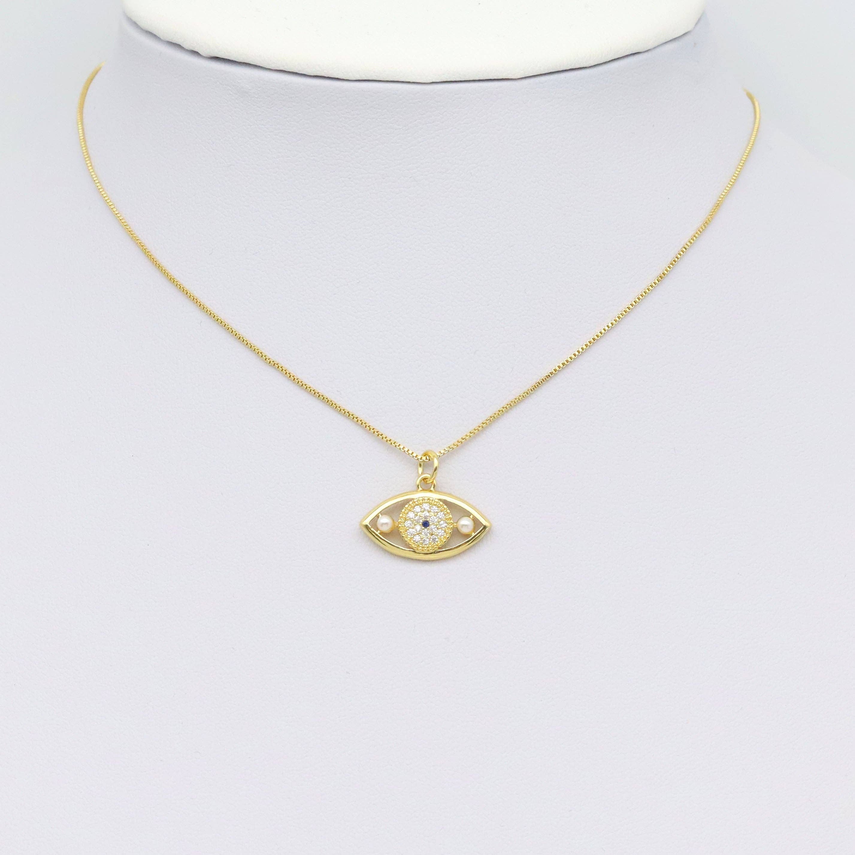 CZ White Pearl Gold Evil Eye Charm, Sku#Y935
