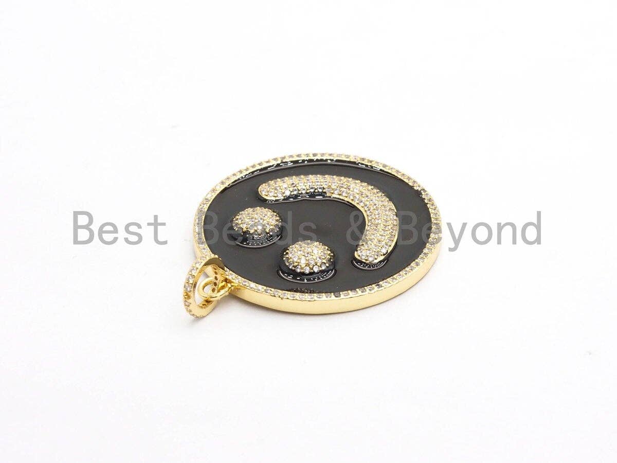 38mm Black Enamel Oil Drop Smiley Face Round Pendant, Gold/Rose gold/Black/Silver, Cubic Zirconia Pave Pendant, Happy face charm, SKU#F612
