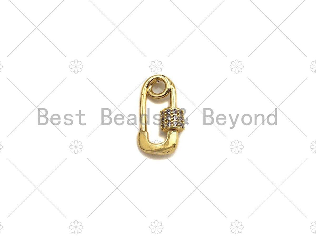 Small 18K Gold Clear CZ Micro pave Safety Pin Shape Clasp, Carabiner Clasp Safety pin, Paper clip Chain connector clasp, 8x14mm, sku#LK12