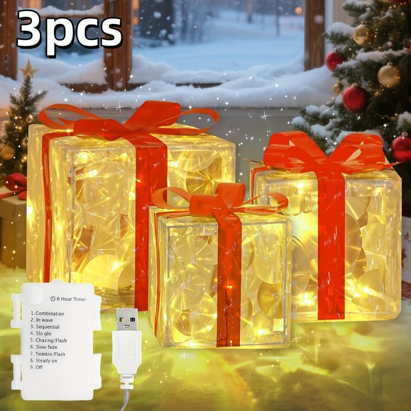 3-Pack Christmas Gift Box Lights – Transparent Red Design with Fairy Light Strings for Indoor Decor. Features Battery Dual Power Supply, 8 Flashing Modes with Timer Function. Perfect for Christmas Trees, Home Decor, Weddings & Birthday Parties