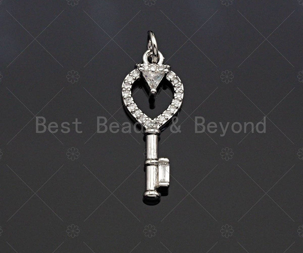 CZ Micro Pave Heart On Key Shape Pendant, Gold/Silver Plated Jewelry, Necklace Bracelet Charm Pendant, 14x28mm,sku#F1242