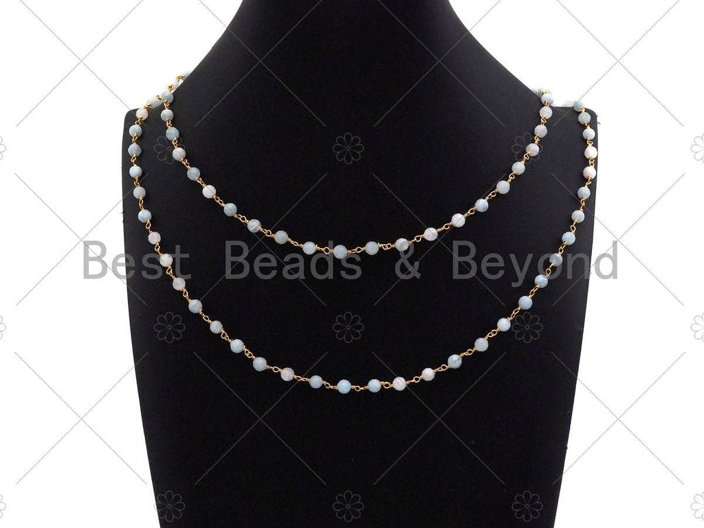 Quality Aquamarine Rosary Chain, 5mm Beaded Chain, Wire Wrapped Gold Chain, Body Belly Chain, Sku#V90