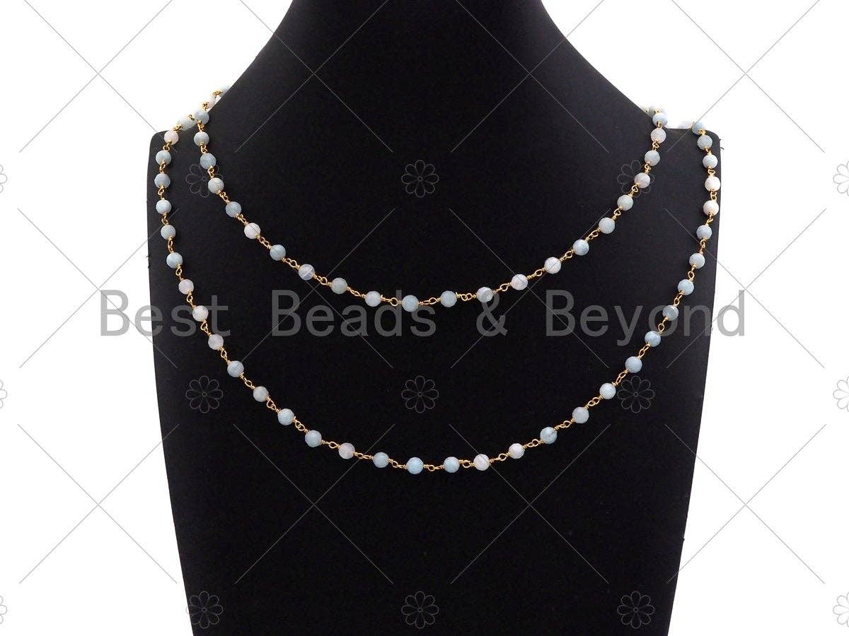 Quality Aquamarine Rosary Chain, 5mm Beaded Chain, Wire Wrapped Gold Chain, Body Belly Chain, Sku#V90