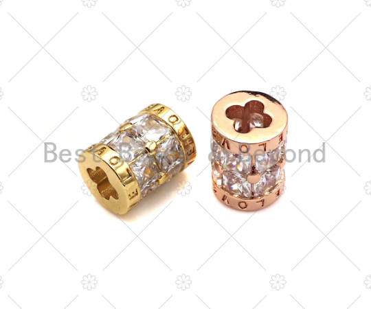 CZ Micro Pave Clover Shape Large Hole Tube spacer Beads Charms/Drum Barrel Beads, Clear CZ Tube Spacer,7x8mm, Sku#Y354