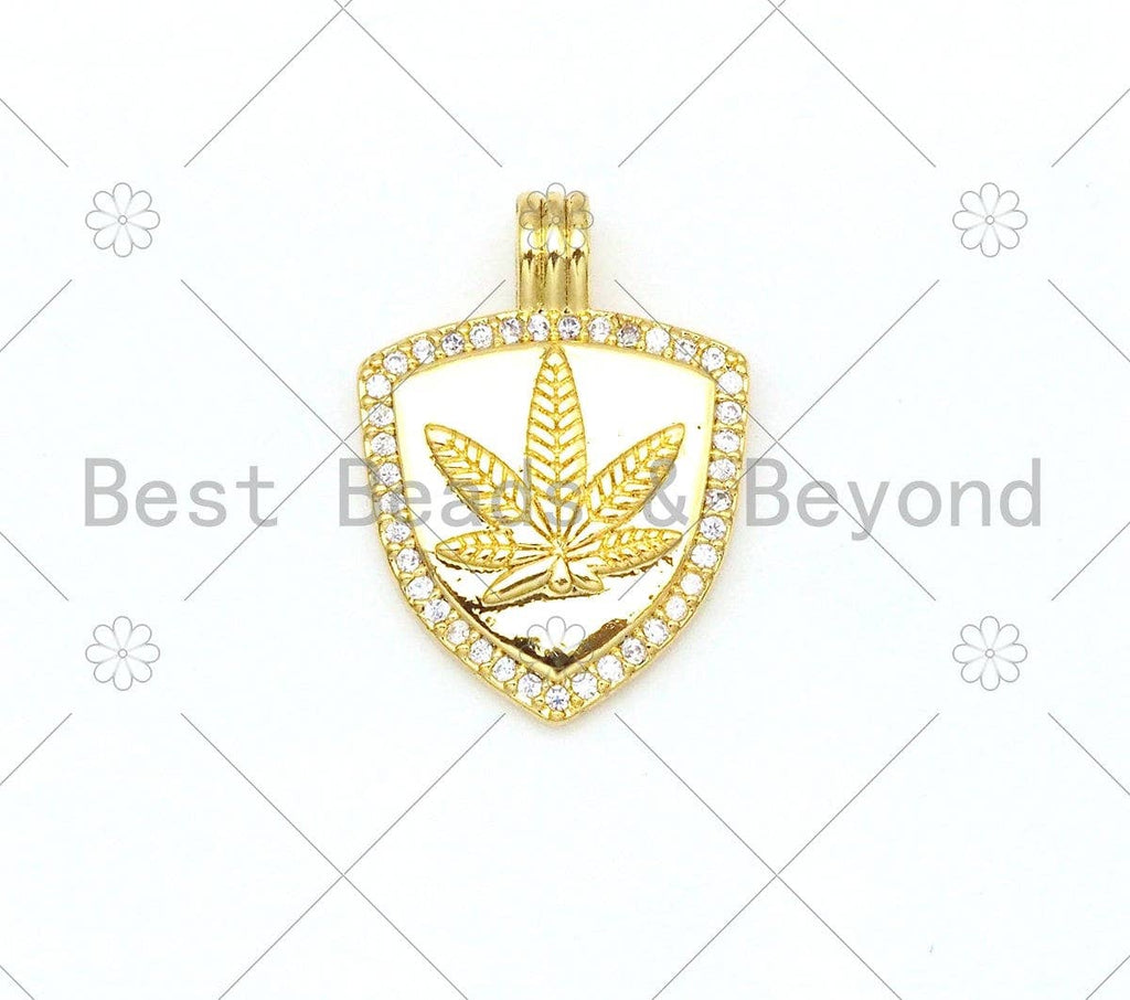 CZ Micro Pave Maple Leaf On Shield Shape Pendant, Gold/Silver/Rose Gold Shiled Charm, Necklace Bracelet Charm Pendant, 21x15mm,Sku#Y483