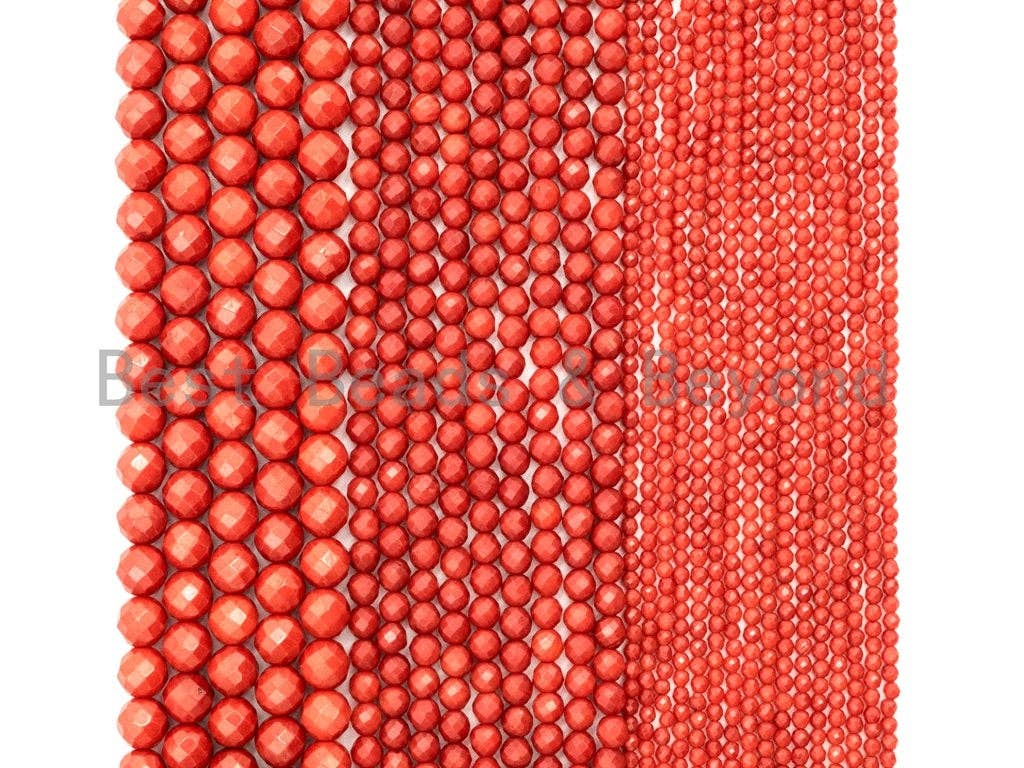 Quality Natural Dyed Red Coral Beads, 2mm/3mm/4mm/6mm  Round Faceted Gemstone Beads, Loose Coral Beads, 15.5inch strand, SKU#U116