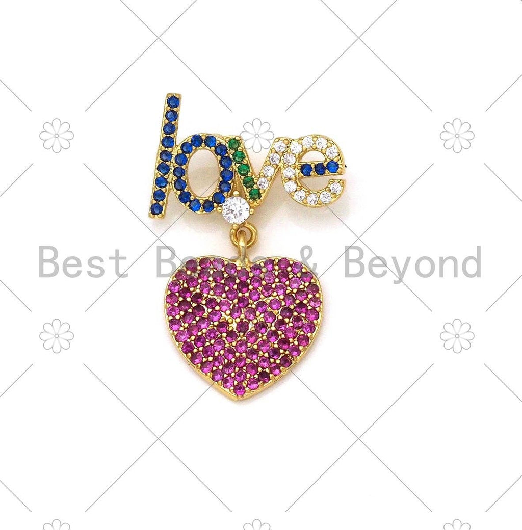Colorful CZ Micro Pave Love Word With Fuchsia CZ Heart Shape Pendant,18K Gold Filled Love Charm,Necklace Bracelet Pendant,19x28mm,Sku#LK398