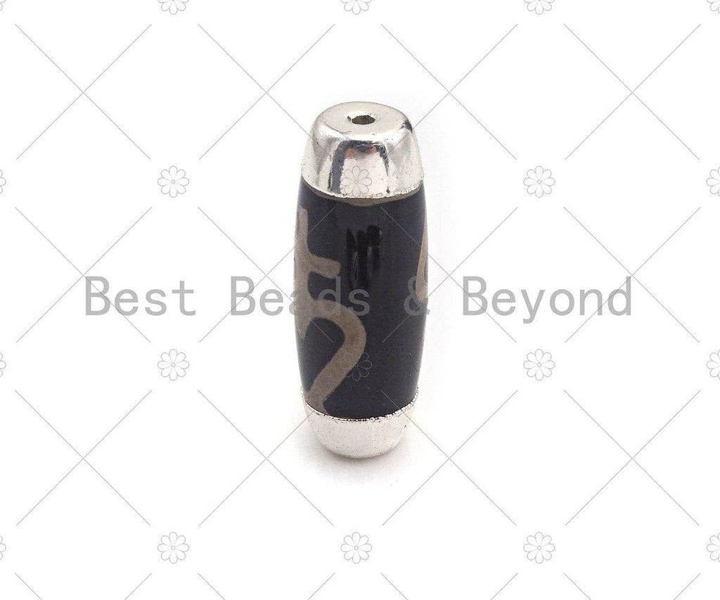 15x41mm Large Natural Tibetan Agate Barrel Shape Spacer Beads, Silver Wrap Finish, Oval Tibetan Agate Beads, sku#U960