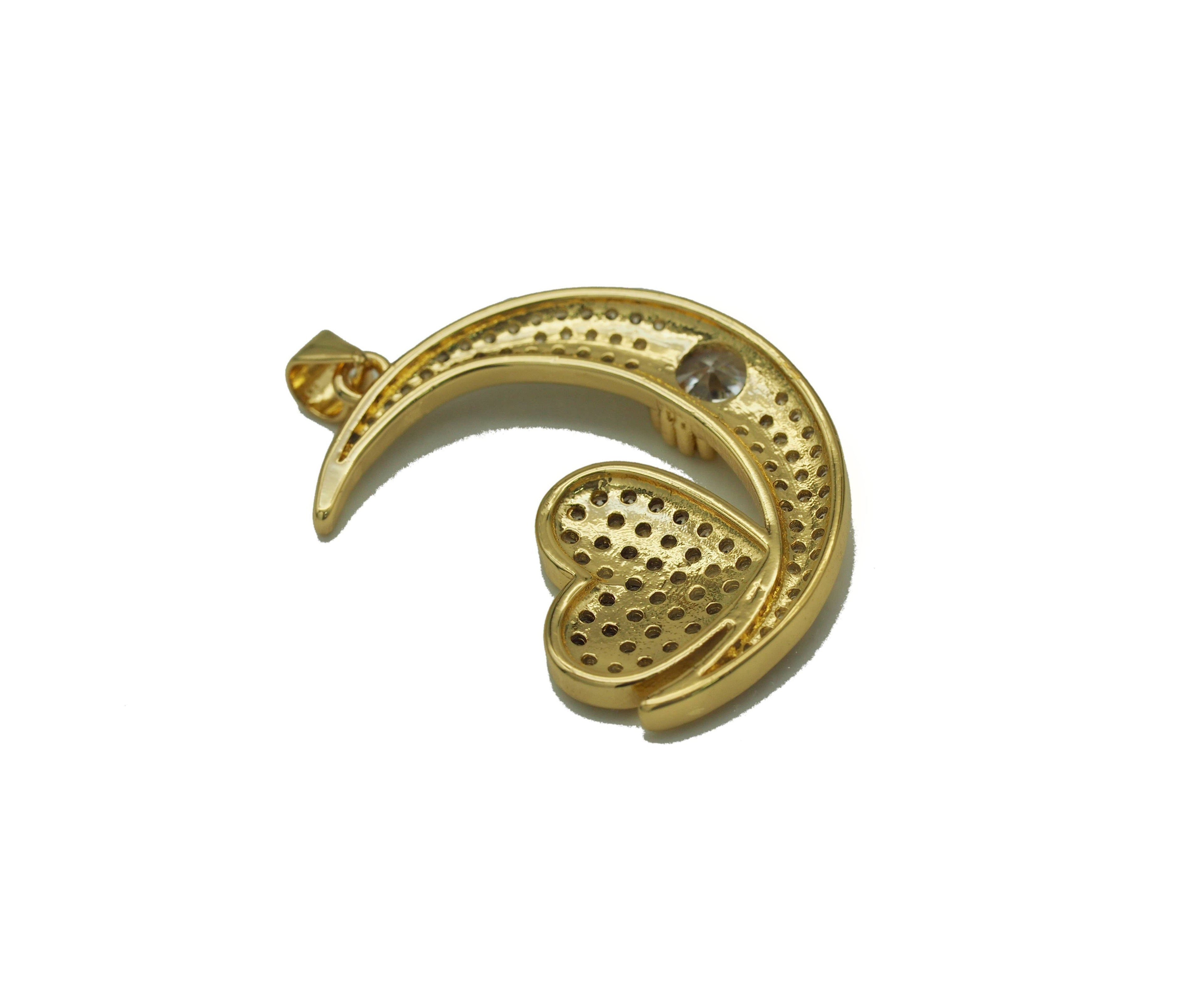 CZ Heart On Cresent Moon Charm, Sku#JL113