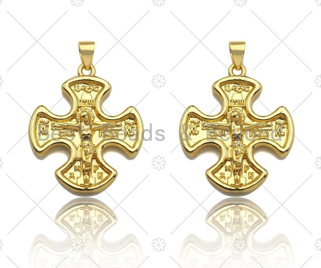 18K Dainty Gold Jesus On Cross Clover Shape Pendant/Charm, Jesus Carm,Necklace Bracelet Charm Pendant,23x27mm, Sku#LK224