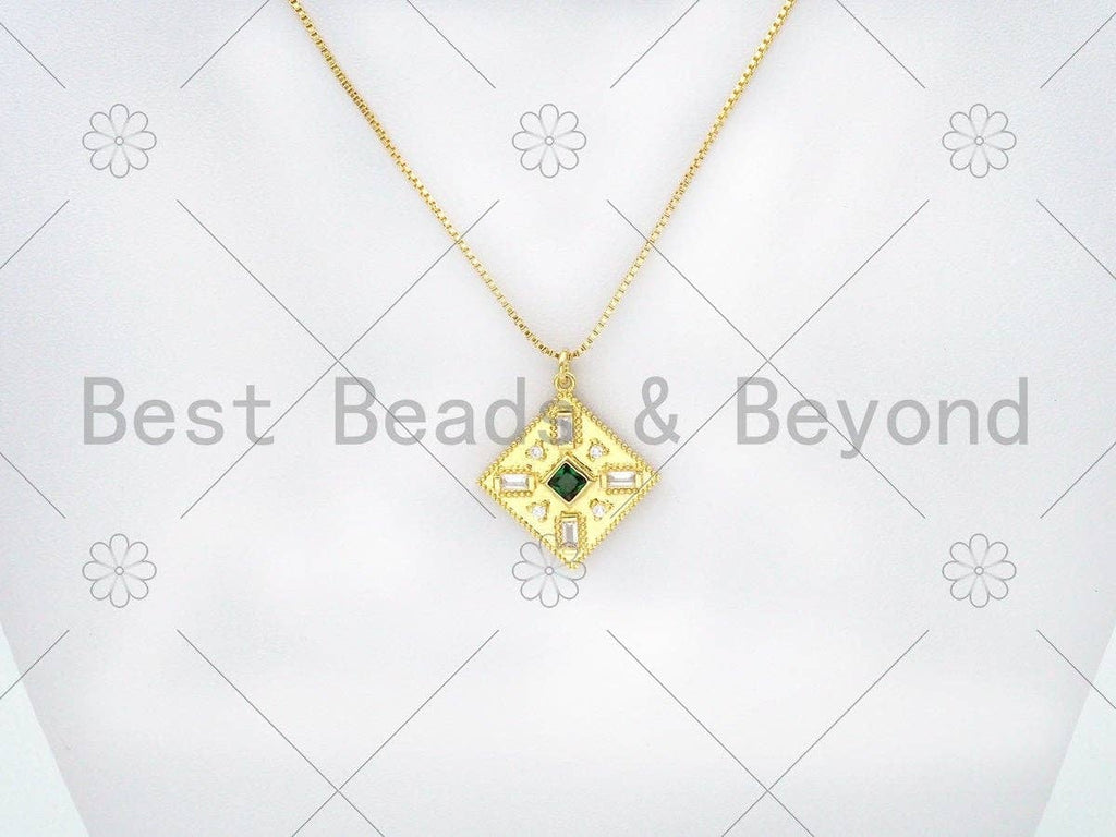Baguette CZ Micro Pave Rhombus Shape Pendant/Charm, 18K Gold Filled Green CZ Charm,Necklace Bracelet Charm Pendant,28x25mm,Sku#L582