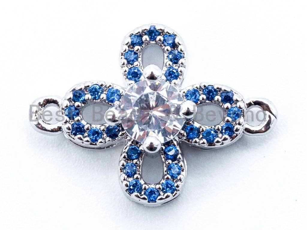 CZ Micro Pave Clover Flower Connector, Blue CZ Pave on Gold/Silver/Black/Rose Gold Finish, Pave Link Connector,13x17mm,sku#M115