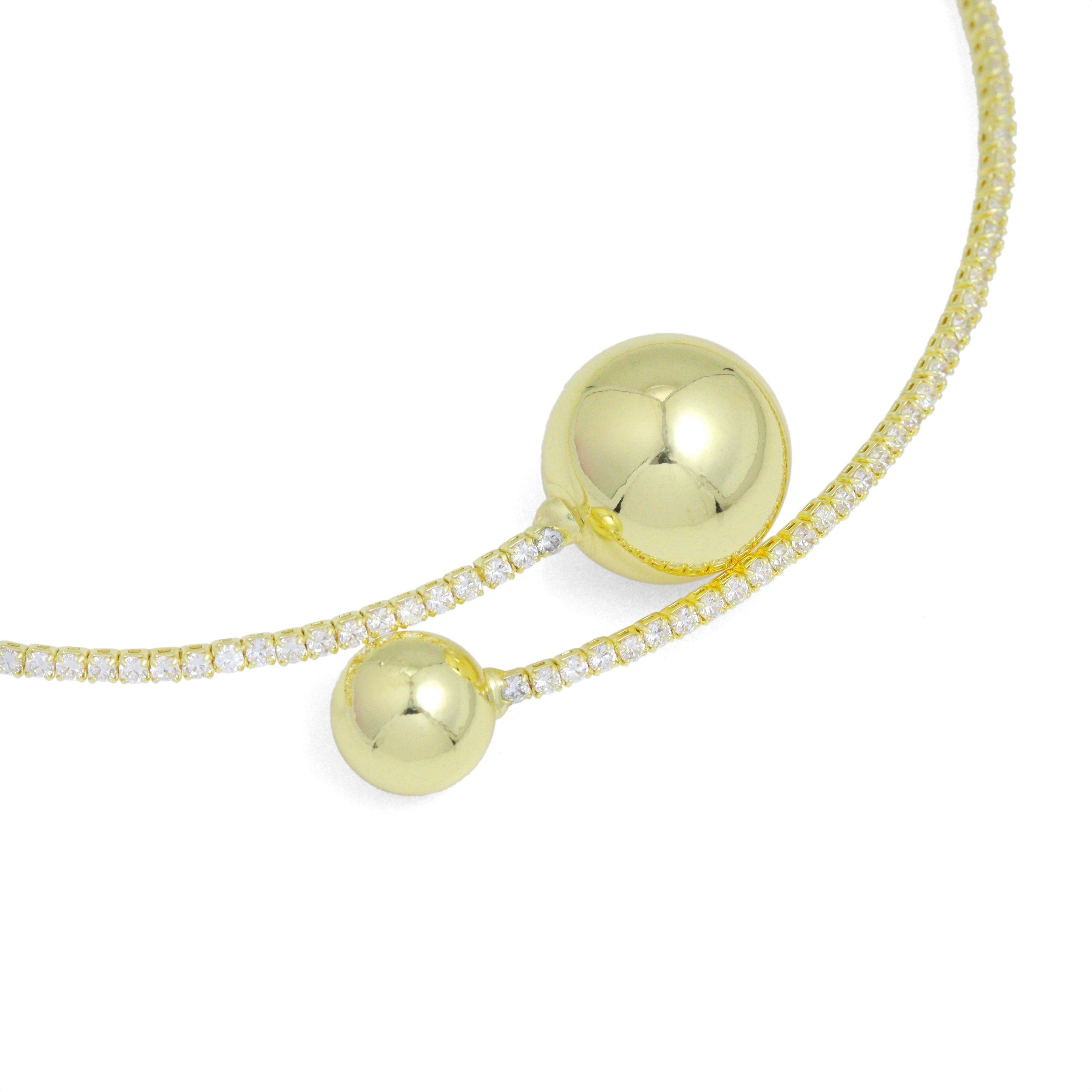 Gold CZ Tennis Chain Round Ball End Adjustable Necklace, Sku#A453
