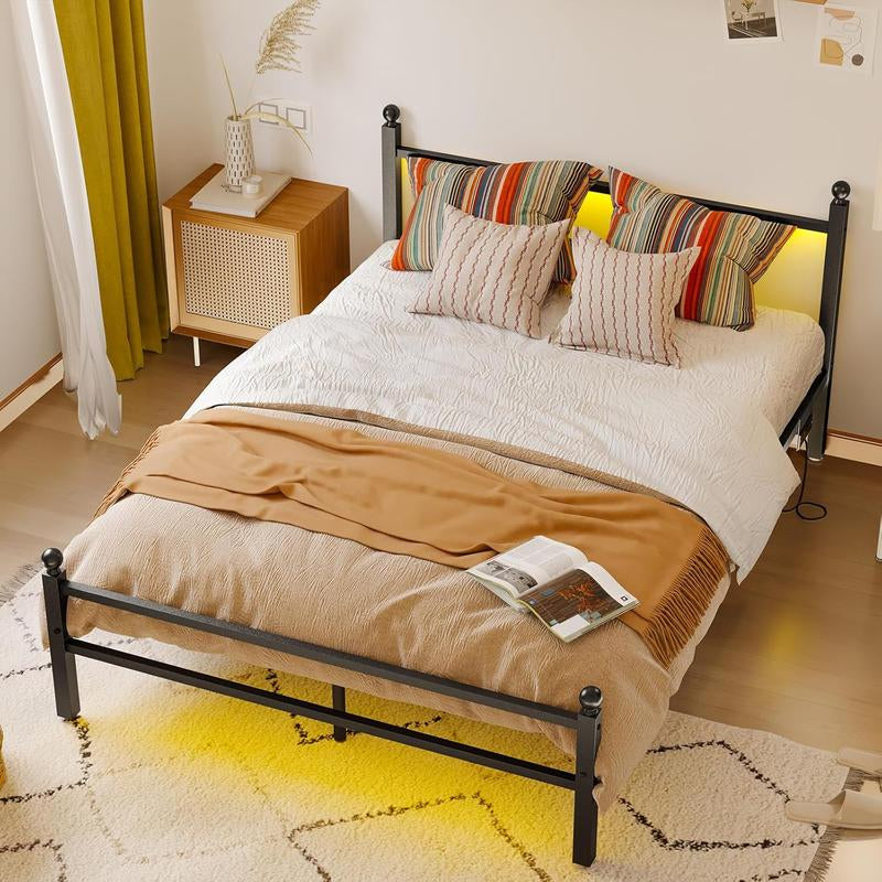 Full Size LED Bed Frame with Charging Station, Metal Platform Bed with USB Ports & Outlets, Heavy Duty Frame with under Bed Storage, Easy Assembly