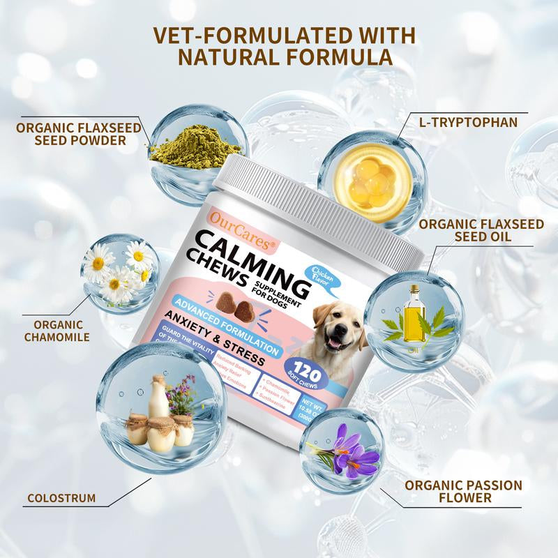 Ourcares Calming Chews for Dogs | 120 Soft Chews, Chicken Flavorrelieves Separation Anxiety, Reduces Stress & Destructive Behavior, Aids Sleep & Training