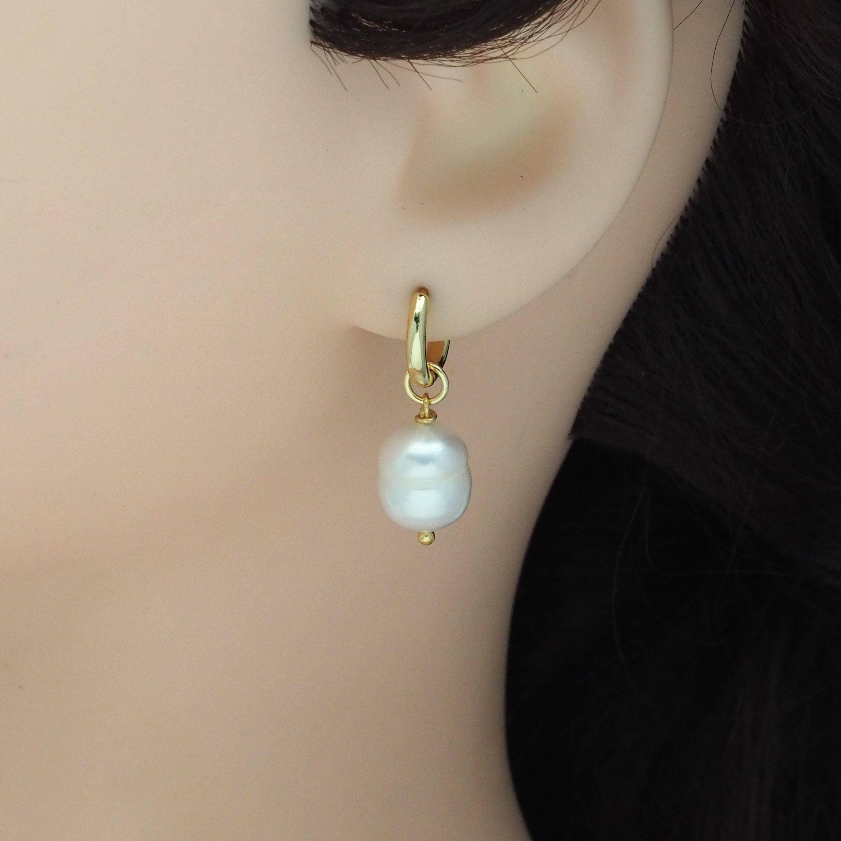 Gold White Oval Pearl Hoop Earrings, Sku#EF340
