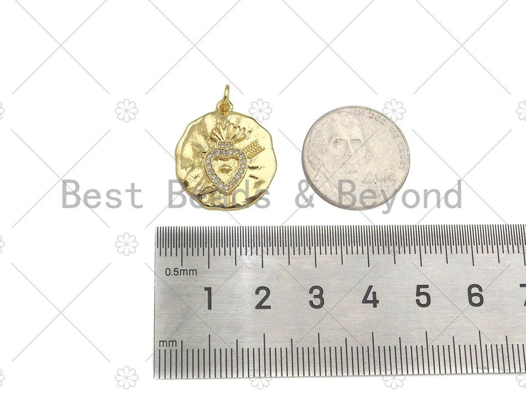 CZ Micro Pave Heart with Cupid Arrow on Round Coin Pendant, 18K Gold Medallion Charm, Necklace Bracelet Charm Pendant,19x22mm,Sku#Z1333