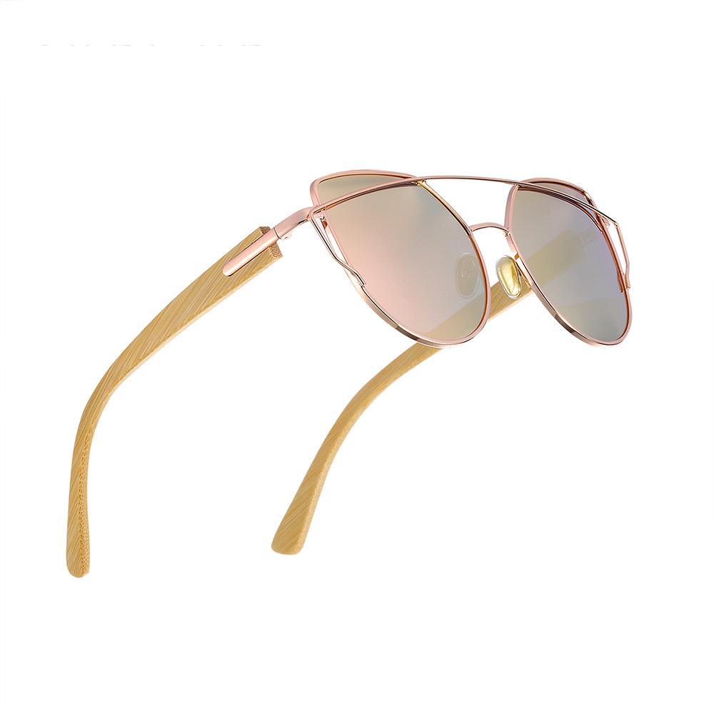 Lunettes de soleil œil de chat modernes pour femmes Lunettes de soleil polarisées avec monture en métal et monture en bois de bambou naturel Style tendance