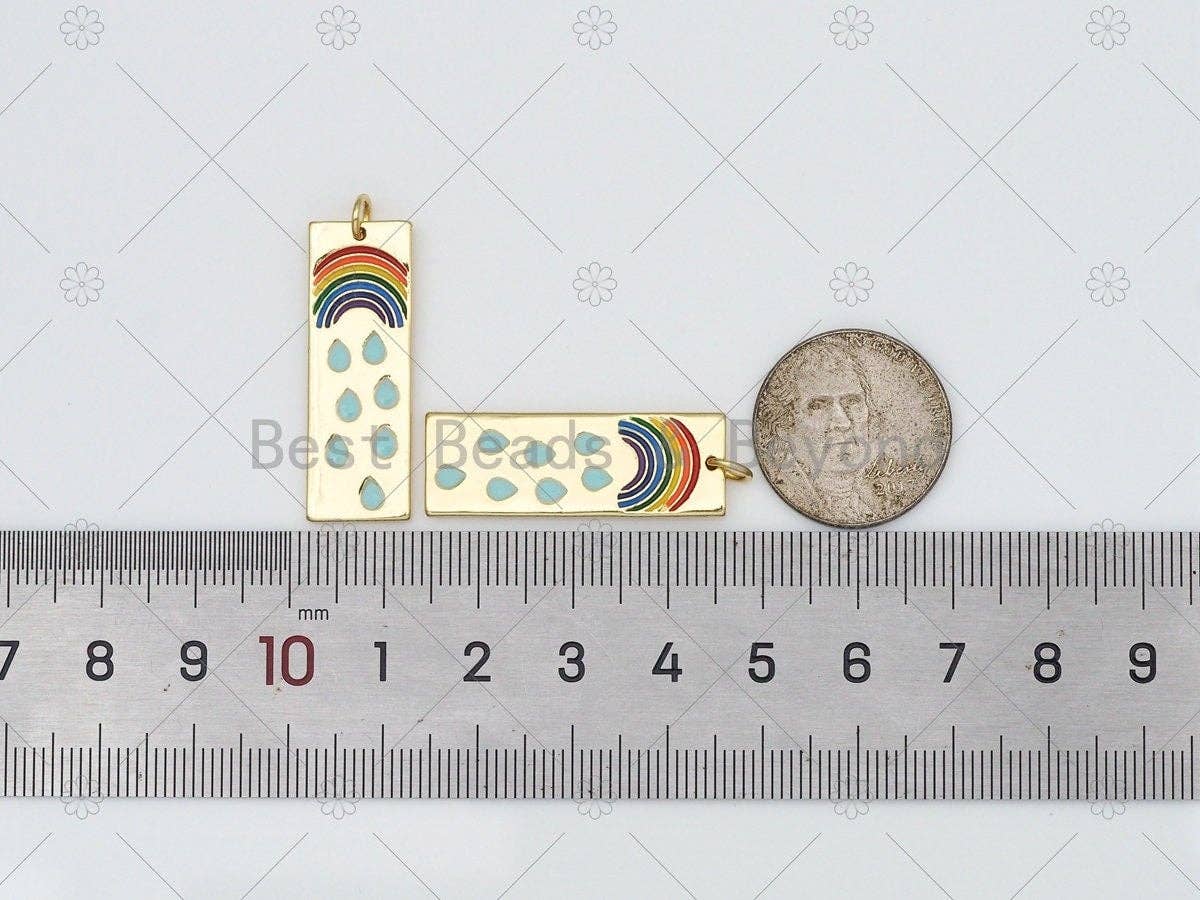 Enamel Rainbow and Rain On Rectangle Shape Pendant, 18K Gold Filled Rianbow Charm, Necklace Bracelet Charm Pendant,11x32mm, Sku#L634