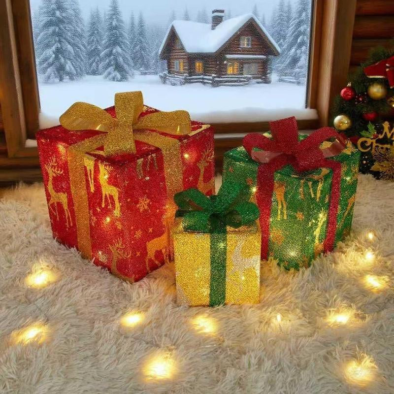 3-Pack Christmas Gift Box Lights – Transparent Red Design with Fairy Light Strings for Indoor Decor. Features Battery Dual Power Supply, 8 Flashing Modes with Timer Function. Perfect for Christmas Trees, Home Decor, Weddings & Birthday Parties