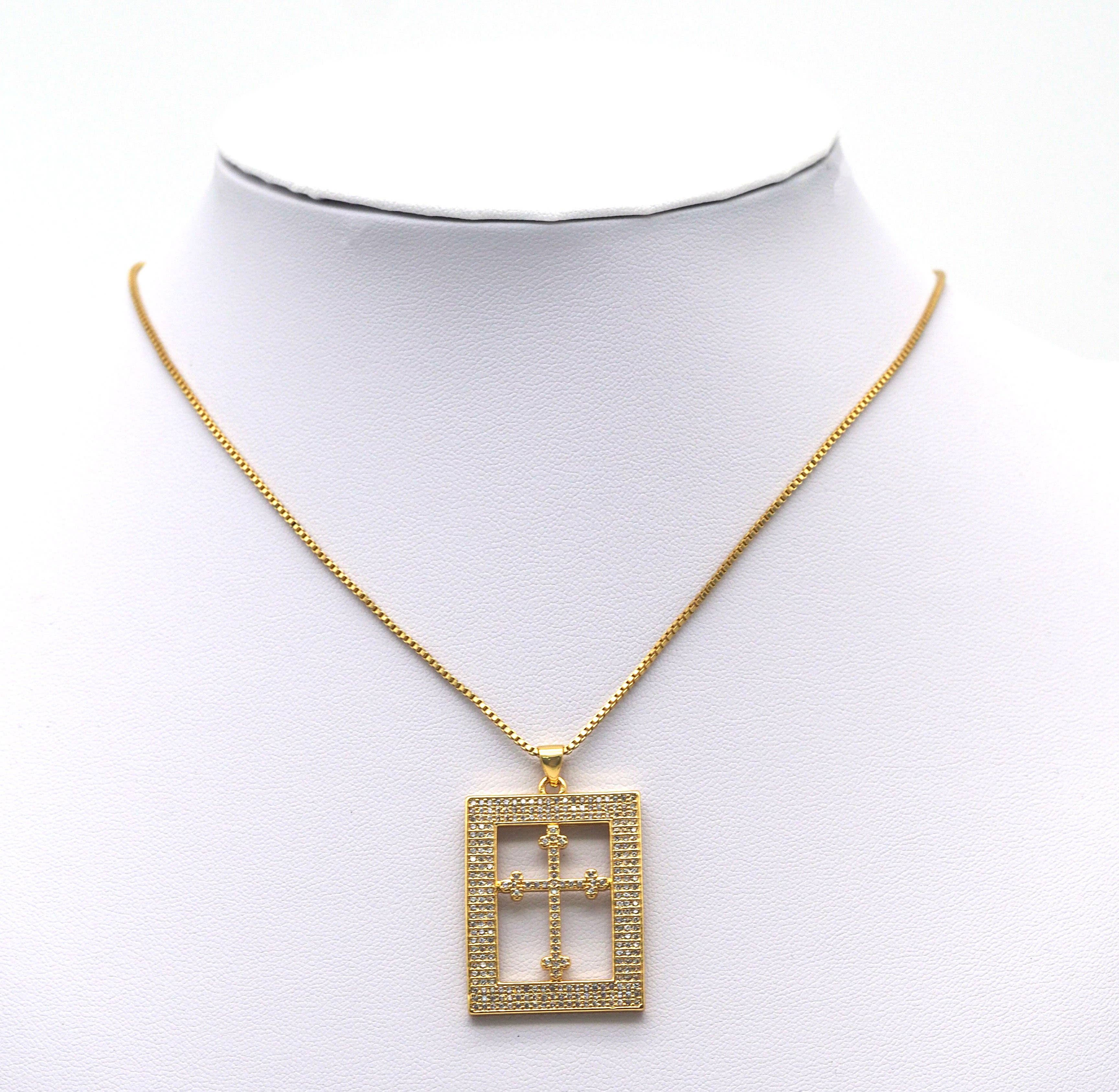 CZ Cross On Rectangle Frame Charm, Sku#LK616