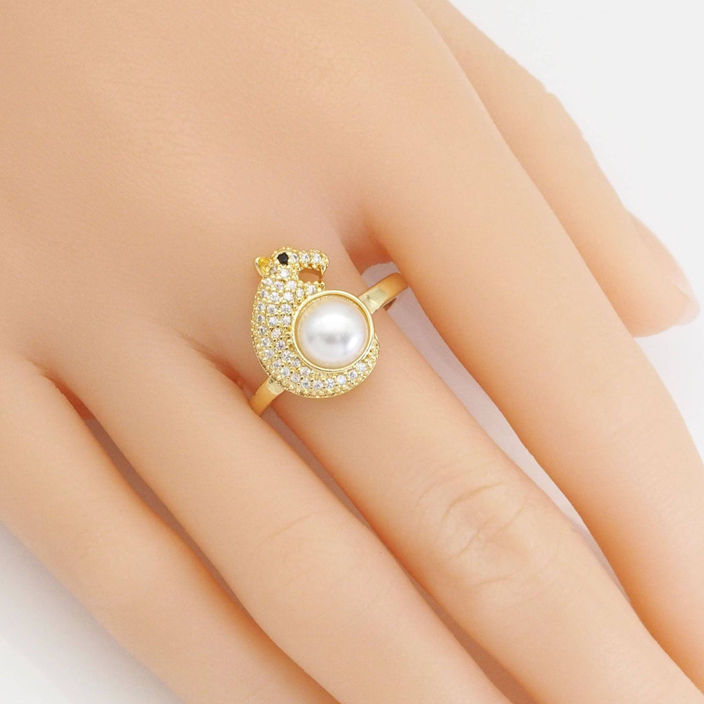 CZ Gold Jaguar Leopard White Pearl Ring, Sku#LX413