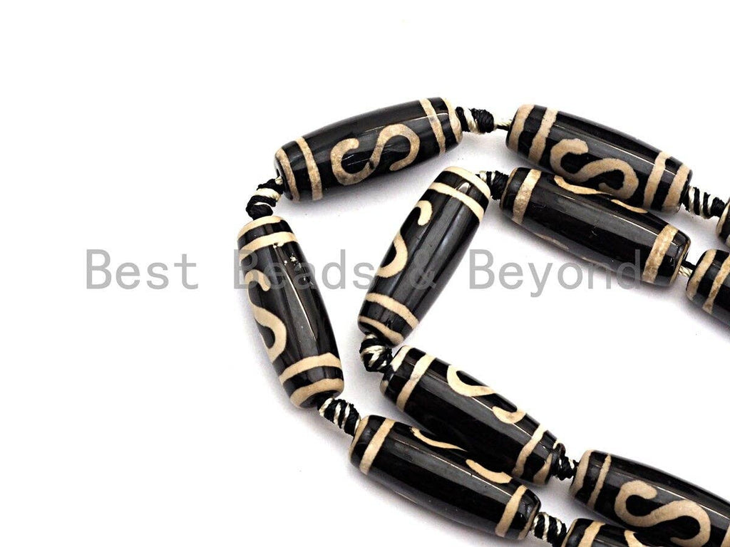 1pc/10pc Natural Tibetan Agate long Barrel Beads, Black White Dzi long oval beads, Zodiac Barrel Agate Beads, 10x30mm,sku#U489