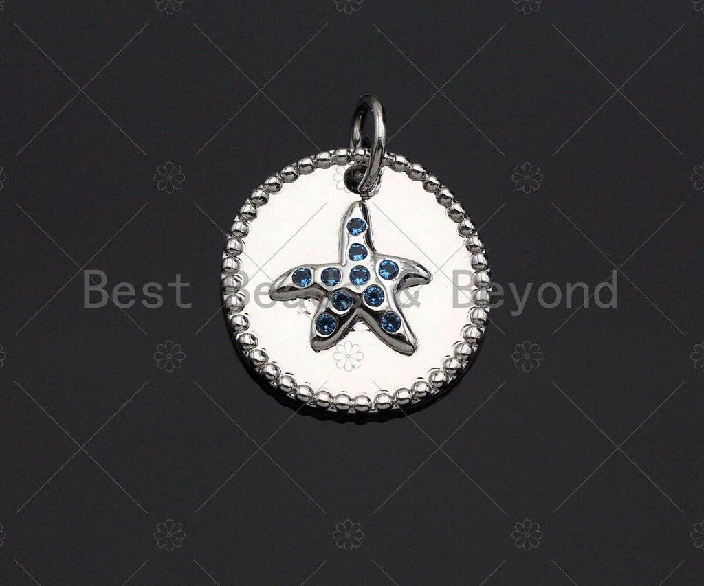 Turquoise CZ Micro Pave  Star Fish on Disc Pendant/Charm, Starfish Embossment Cubic Zirconia Pendant, 14mm, Sku#Y259