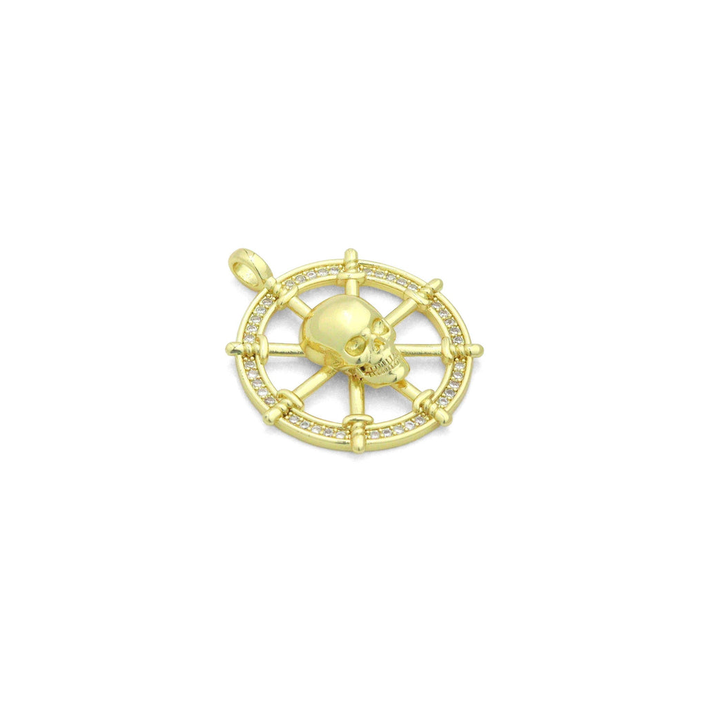 Clear CZ Skull On Steering Wheel Charm Pendant, Sku#LK1150