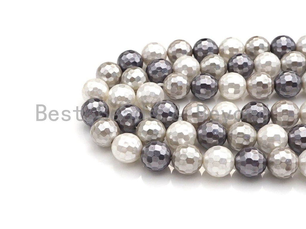 Natural Mother of Pearl White Black Gray Round Faceted beads, 8mm/10mm/12mm Mixed MOP Pearl Beads,15.5inch strand, SKU#T137