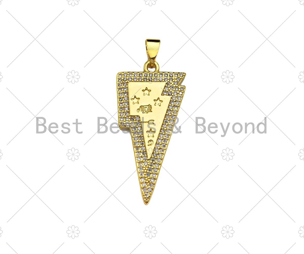 CZ Micro Pave Star On Lightning Shape Pendant, 18K Gold Charm, Necklace Bracelet Charm Pendant,16x33mm,Sku#LK309
