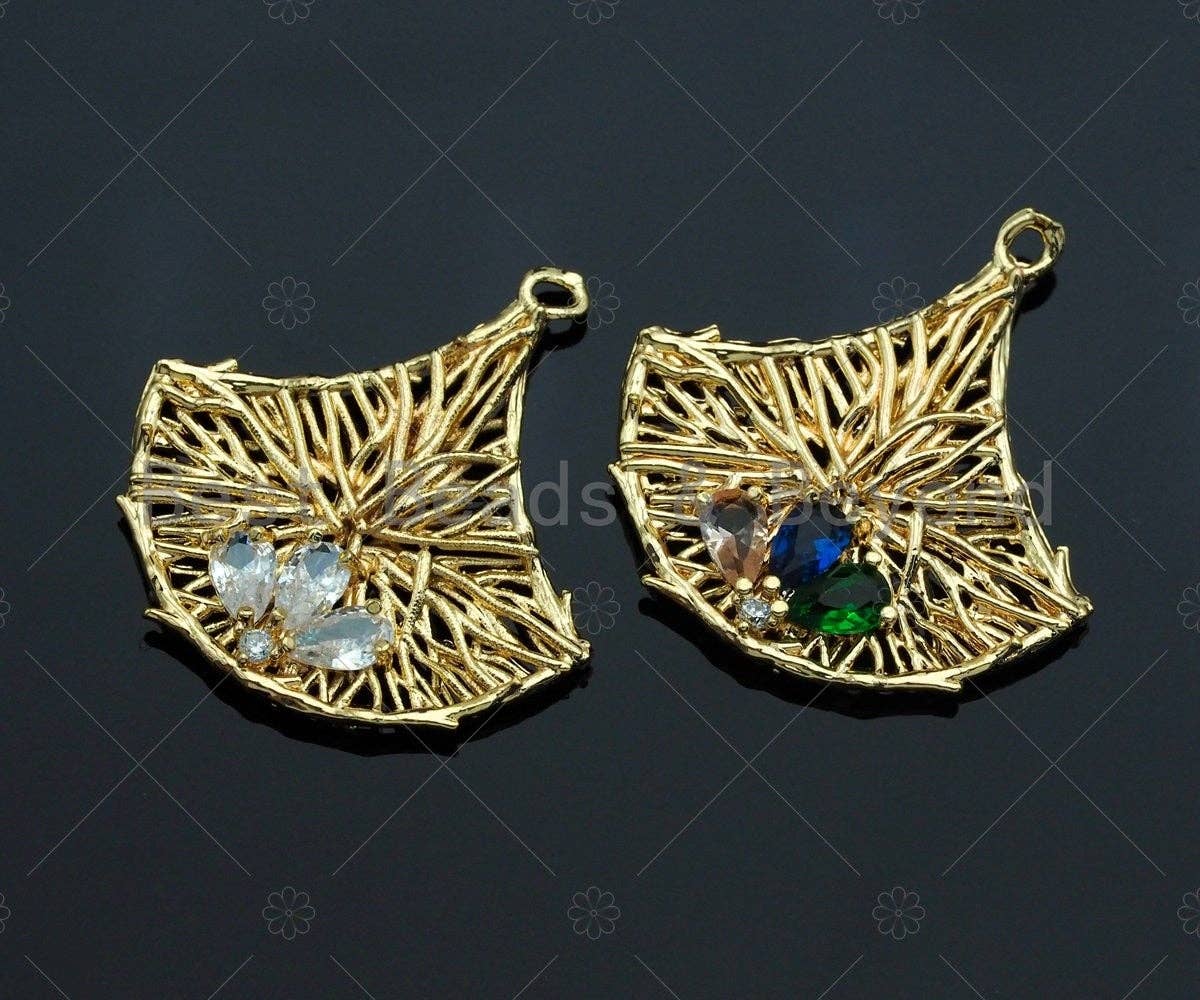 Filigree Gold Lacy Charm with Gemstone, Star/oval/Round/Fan Shape Brushed Gold Twisted Wire Charm for Earrings necklace making, sku#CP12