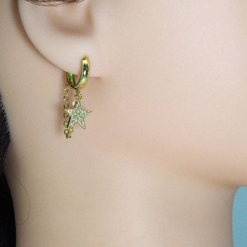 CZ Five Star Dangle Hoop Earrings, Sku#LD394