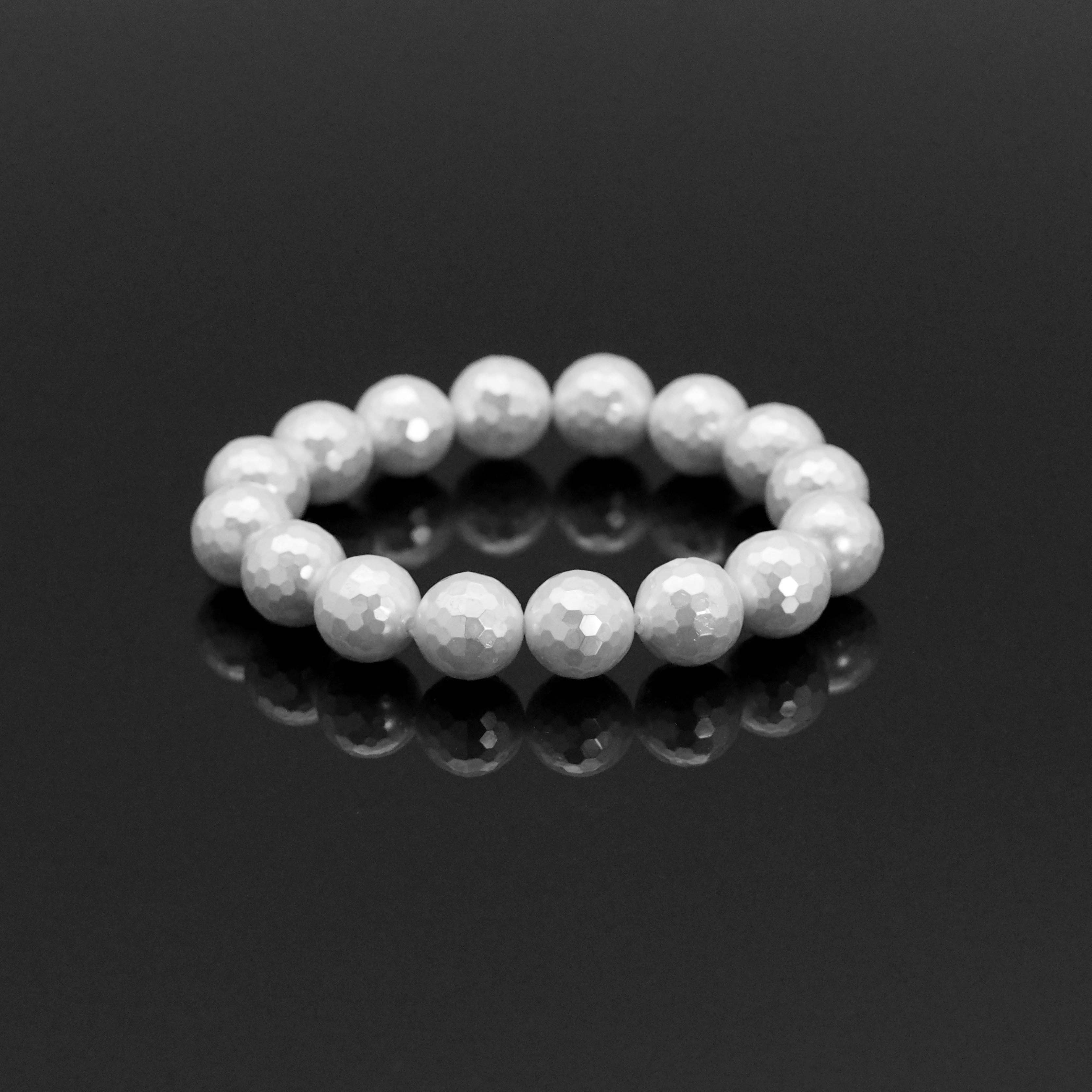 White MOP Round Faceted Stretchy Bracelet, Sku#EF380