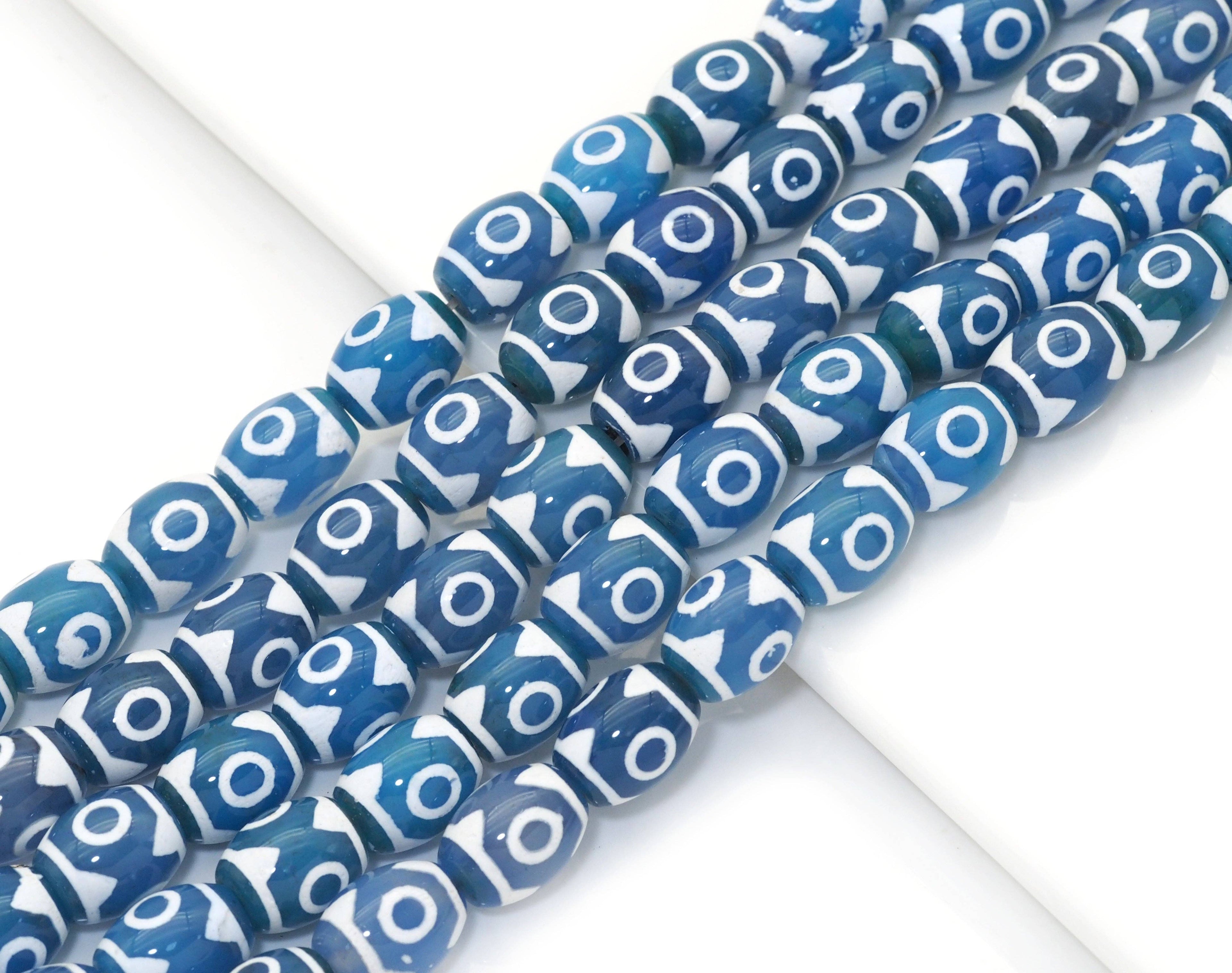 Natural Blue Evil Eye Tibetan Agate, 12x16mm Barrel Beads, Sku#U1478
