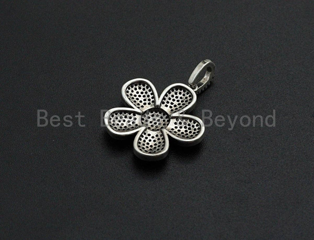 Antique Silver CZ Micro Pave Flower Pendant, Antique Silver Tone, Cubic Zirconia Pave Daisy Flower Charm Pendant, 24x26mm,sku#F1031