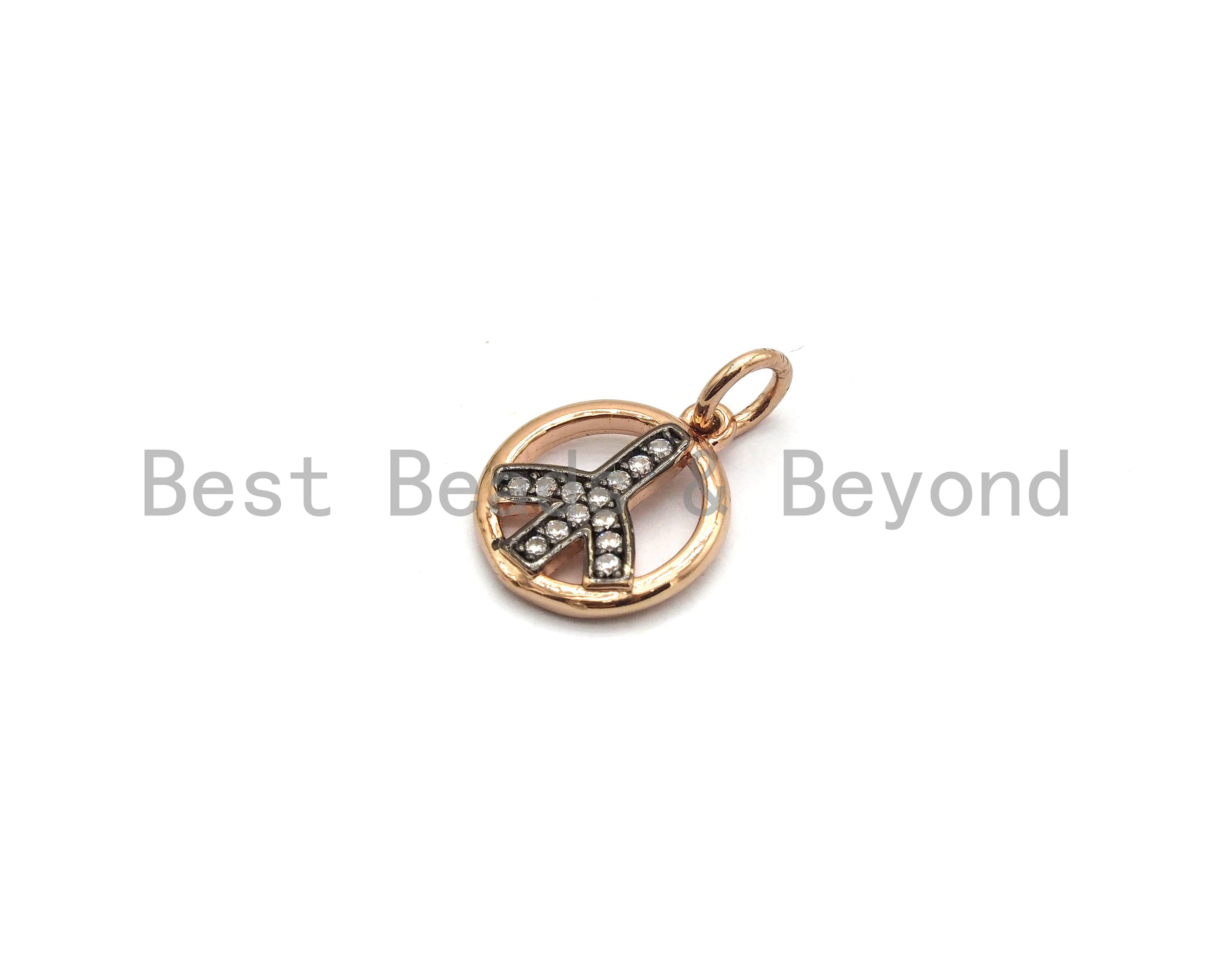 CZ Micro Pave Dual Color Peace Sign Pendant, Cubic Zirconia Pendant, Silver/Gold/Rose Gold/Black Tone, 11x13mm, Sku#Y183