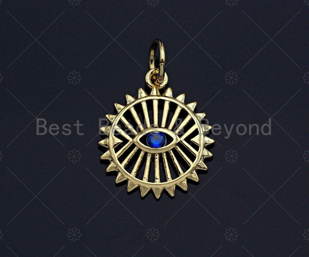 Cobalt eye CZ Micro Pave Round Charm, Gold/Silver/Rose Gold/Black Evil Eye Charm, 13x15mm, sku#Y278